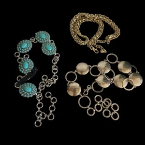 Lot of 3 Waist/ Hip Belts Silver Faux Turquoise Gold Chain Mod GoGo Festival - Picture 1 of 13