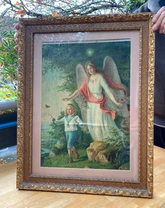 Vintage Lithografie im Rahmen,Engel mit Knabe, 30er Jahre?,renovierungsbedürftig - Bild 1 von 3