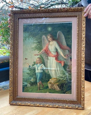 Vintage Lithografie im Rahmen,Engel mit Knabe, 30er Jahre?,renovierungsbedürftig - Bild 1 von 3