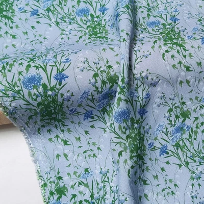 Retro Dress Material 55'' Wide By Yard Rayon Viscose Poplin Fabric Blue Floral - Image 1 of 4