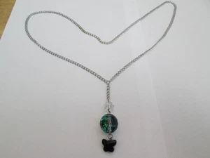 NEW SILVER COLOURED CHAIN NECKLACE WITH GLASS BALLS AND BUTTERFLY PENDANT - Picture 1 of 3