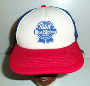 NEU Pabst Bierhut Blue Ribbon Trucker Snapback Cap weiß rot blau Mesh Retro - Bild 1 von 7
