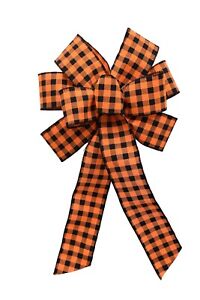 Large 10" Hand Made Bow - Wired - Halloween Black Orange Check - Fabric Ribbon