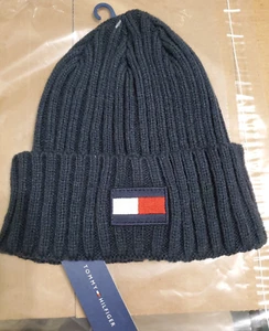 Tommy Hilfiger Men's Cuffed Knit Beanie Hat Logo Flag Dark Ribbed - NEW W/Tags - Picture 1 of 5