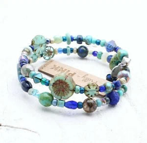 Artisan Czech Glass Flower Bead Wrap Bracelet Sea Aqua Navy Blue Turquoise BNWT - Picture 1 of 7