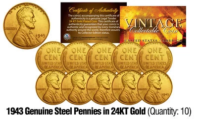 Moneda de un centavo Lincoln Wheat 1943 de acero genuino chapada en oro de 24 quilates (cantidad: 10) Foto 1 de 3