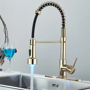 Gold LED Kitchen Faucet Pull Down Sprayer Single Handle Swivel Sink Mixer Faucet - Picture 1 of 12