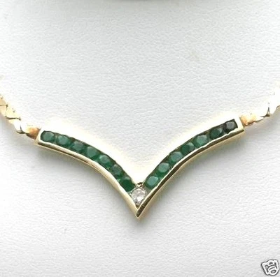 Vintage 14k Green Emerald & Diamond "V" Channel set Necklace yellow gold  - Image 1 of 4