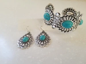Faux Turquoise Cuff Bracelet & Pierced Drop Earrings Silver Tone NEW - Picture 1 of 4
