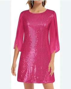 GRACE KARIN Hot Pink Sequin Flutter Sleeve Cocktail Party Dress NWT Size S - Picture 1 of 10