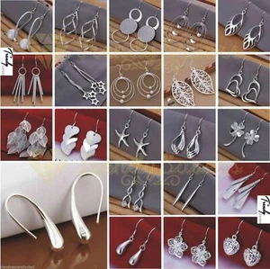 Trendy 925 Sterling Silver Plated Crystal Drop/Dangle Silver Hoop Earrings - Picture 1 of 48