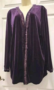 Quacker Factory Purple Velour Sequins Open Front Long Sleeve Jacket Sz 1X - Picture 1 of 7