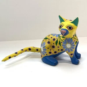 Handgeschnitzte Holz Katze Figur Jose Olivera Perez Oaxaca Mexiko gelb blau 3,25 Zoll - Bild 1 von 8