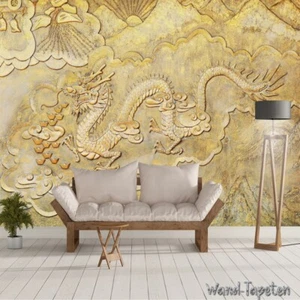 Vlies Fototapete Wandtapete Wandbilder 3D Goldene Landschaft mit Drachen 3256 - Picture 1 of 4