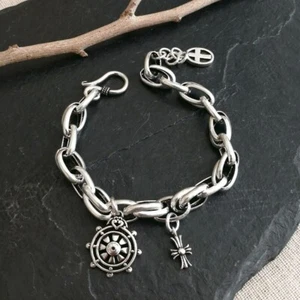 925 Sterling Silver Chain Bracelet Nautical Boat Wheel Cross Charms Boho Unique - Picture 1 of 7