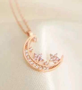2 Ct Round Cut Simulated Diamond Moon & Star Charm Pendant 14K Rose Gold Plated - Picture 1 of 5