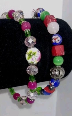 2 Pulseras Hechas a Mano Palanca Tono Plateado Coral, Lapislázuli, Cuarzo, Ojo de Gato, Turquesa Foto 1 de 4