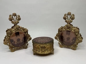 Juego de botellas de perfume y ataúd de joyería Ormolu dorado vintage - vidrio ámbar filigrana - Imagen 1 de 13