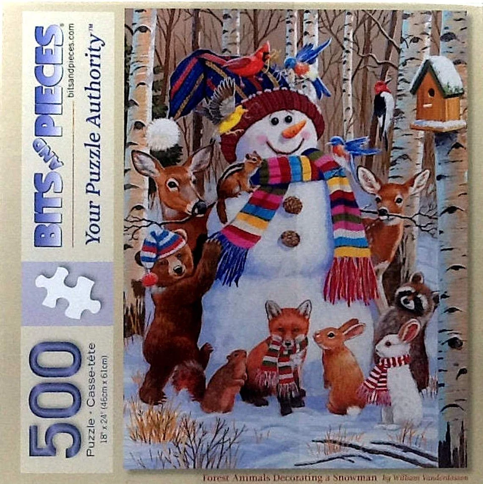 Rompecabezas Animales del Bosque Decorando un Muñeco de Nieve William Vanderdasson 500 piezas 18" x 24" Foto 1 de 1