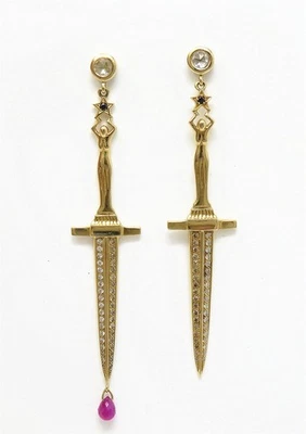 NYJEWEL Pamela Love 18k Gold Colored & White Diamond Ruby Dagger Dangle Earrings - Image 1 of 4