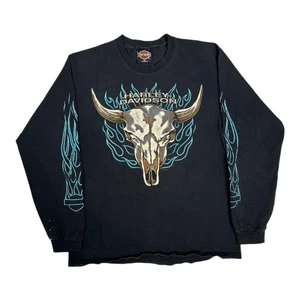 Camisa Harley-Davidson De Colección Para Hombre Manga Media Larga Bull Skull Flames EE. UU. 90s - Imagen 1 de 16