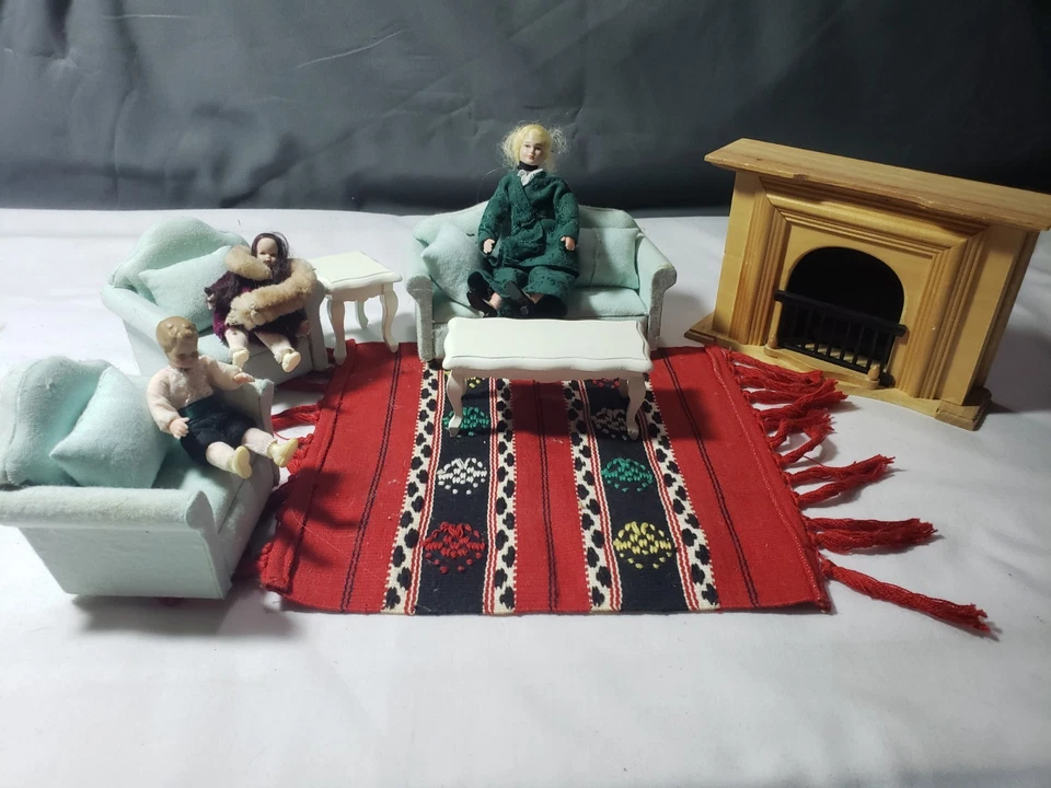 Mueble de madera vintage pintado a mano para casa de muñecas 14 piezas chimenea de salón  Foto 1 de 4