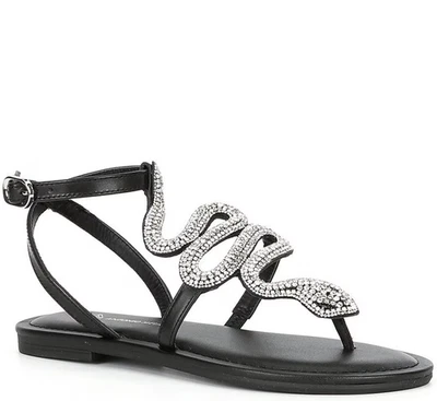 Antonio Melani Selma Black Leather Rhinestone Snake Flat Sandals New Size 6.5 - Image 1 of 4