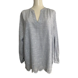 Old Navy Women's Striped Embroidered Tunic Top Medium Blue White Long Sleeve - Picture 1 of 9