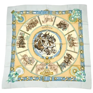 HERMES Scarf Carre 90cm CHEVAUX DE TRAIT 100% Silk Light blue Yellow Multi R0562 - Picture 1 of 7
