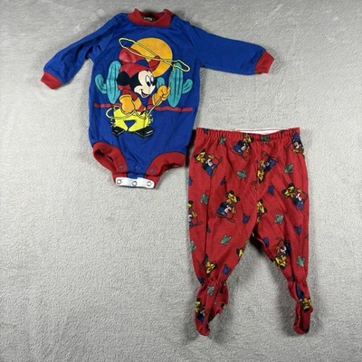 Vintage Mickey Mouse Disney Outfit 6-9 Months Red Blue Pajamas Cowboy #2B - Image 1 of 4