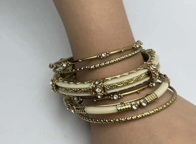 Conjunto de 6 Brazaletes Bangel Mixtos Tono Blanco y Dorado con Estrás Divertido Declaración Foto 1 de 4