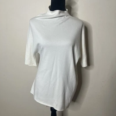 Lafayette 148 Women’s Ivory Mock Neck Short Dolman Sleeve Asymmetric Knit Top M - Image 1 of 4