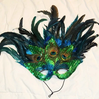 Halloween Pluma Pavo Real Máscara Facial Azul y Verde Mascarada Carnaval Disfraz Foto 1 de 2