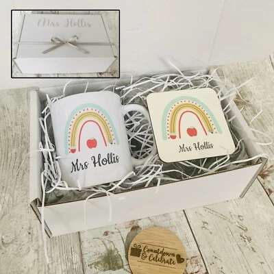 Personalised Teacher Gift, End Of Year Thank You Mug Coaster Set Rainbow Present - Image 1 of 4