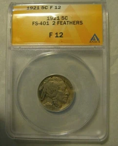 1921- P Buffalo Nickel 2 Feathers (FS-401) ANACS Graded & Authenticated  F-12  - Picture 1 of 6