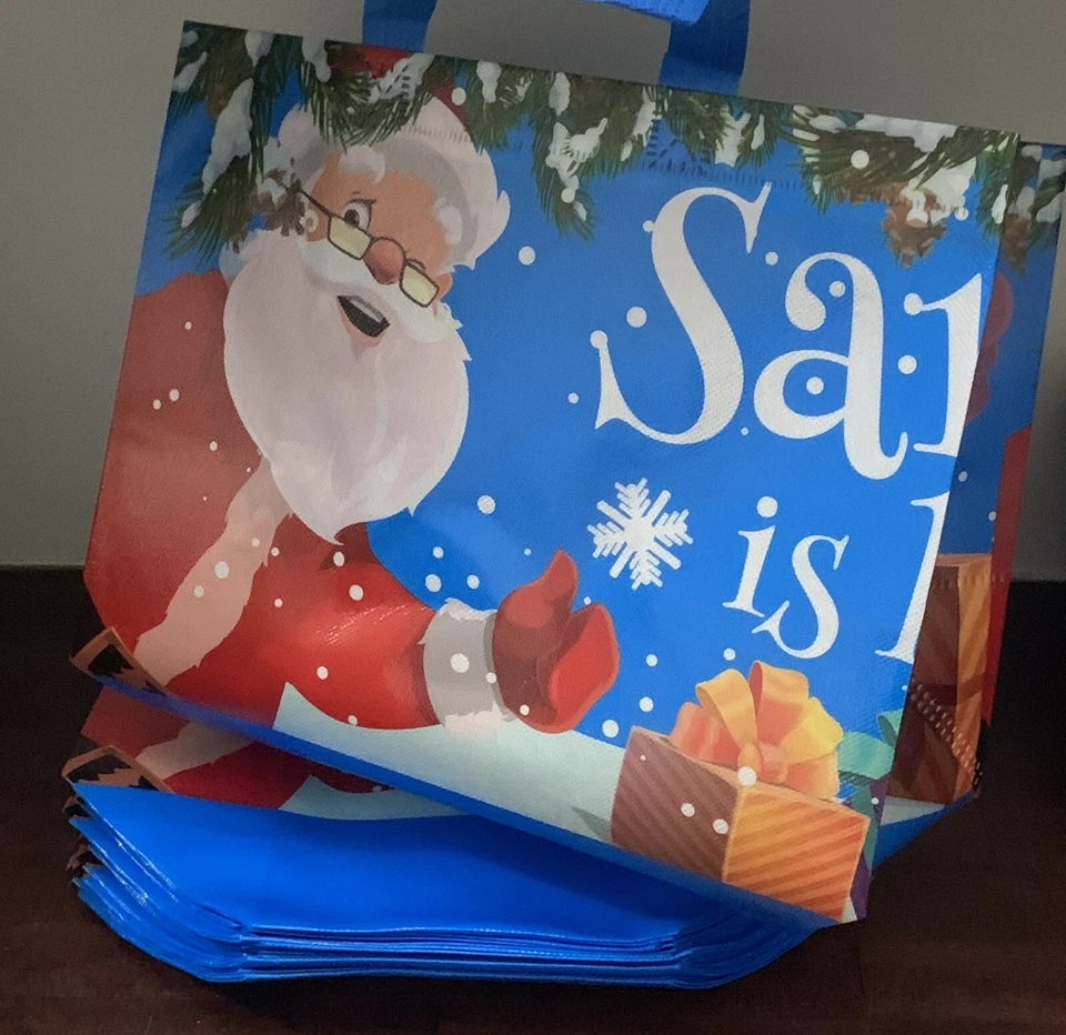 ECCLIY LOT OF 15 Santa Christmas reusable Gift Tote Bags w Handles, 12.5" x 9.8" x 6.7"