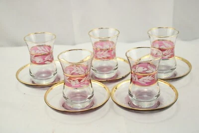 Set Ruby flash glass cup saucer engraved fern leaf feather gold trim Antique EUC - Image 1 of 4