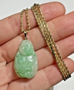 14k Gold Rope Chain Carved Green Jadeite Jade Buddha 13.9g Pendant 24" Necklace - Picture 1 of 9