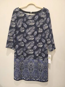 NEW Maggie London Dress Blue Shift 3/4 Sleeves Casual Size 14 Peacock Feathers - Picture 1 of 11