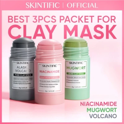 SKINTIFIC Clay Mask Stick Kit 3 Pcs Exfoliating Acne Blackhead Dull Skin - Image 1 of 4