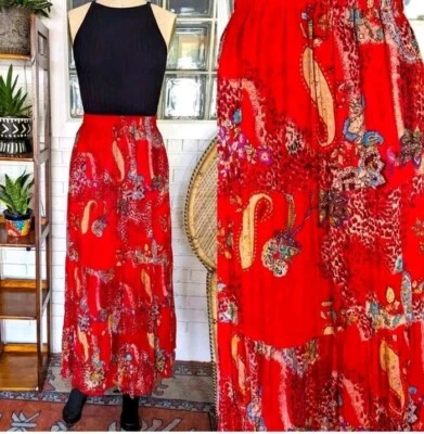 Falda Bobbie Brooks Roja Cachemira Floral Maxi Boho Casa Campo Playa Fluida Lg Foto 1 de 4