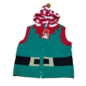 Navidad Santa Elfo Suéter Chaleco Bastón de Caramelo Rayas Capucha Pom Jingle Bells - Imagen 1 de 6