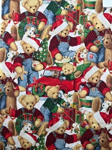 Daisy Kingdom Blue Jean Teddy Christmas Packed Allover Cotton Fabric Remnant - Picture 1 of 14