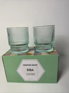 Jonathan Adler Biba Glasses Ribbed Clear Aquamarine 13 oz Set of 2 - Picture 1 of 4