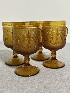 Vintage Braunglas Kelche Set 4 Sockel Stiel Blumenmuster Retro Barware Becher - Bild 1 von 14