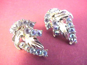 Vintage Clip Ohrringe blau Strass silberfarben schön funkelnd unsigniert - Bild 1 von 4