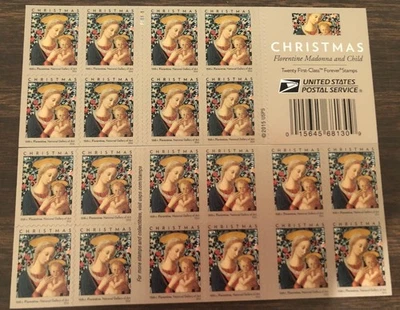 USPS STAMPS CHRISTMAS FLORENTINE MADONNA AND CHILD Sheet Of 20 Book STAMPS - Image 1 of 4