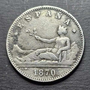 1870 SPAIN 1 PESETA Provisional Government Liberty ANTIQUE Silver COIN - Picture 1 of 8