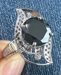 3.88 Ct Black Moissanite & White Natural Raw Diamond 925 Silver Ring Size 9 - Picture 1 of 3