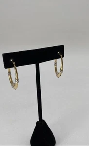 14K Yellow Gold White Accent Bamboo Hoop Earrings 1.55g - Picture 1 of 8